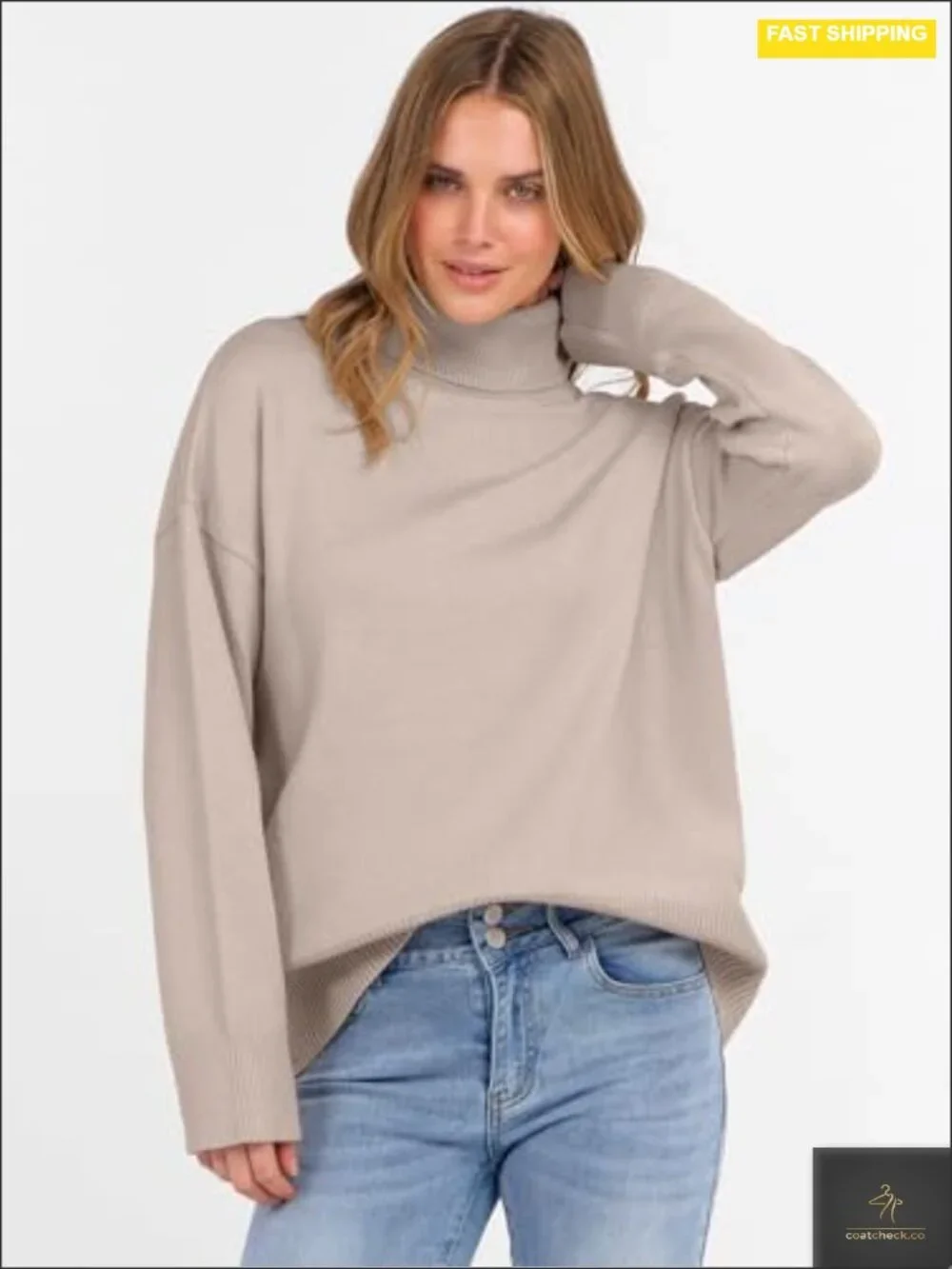 Oversized Chunky Knit Turtleneck Sweater High Low Hem Pullover